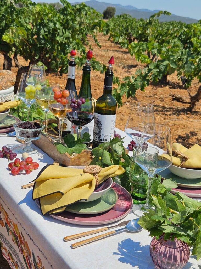 Grapes Inspirations: bellissima tavolata creata in mezzo ai filari di uva con calici di vino pronti per un brindisi 